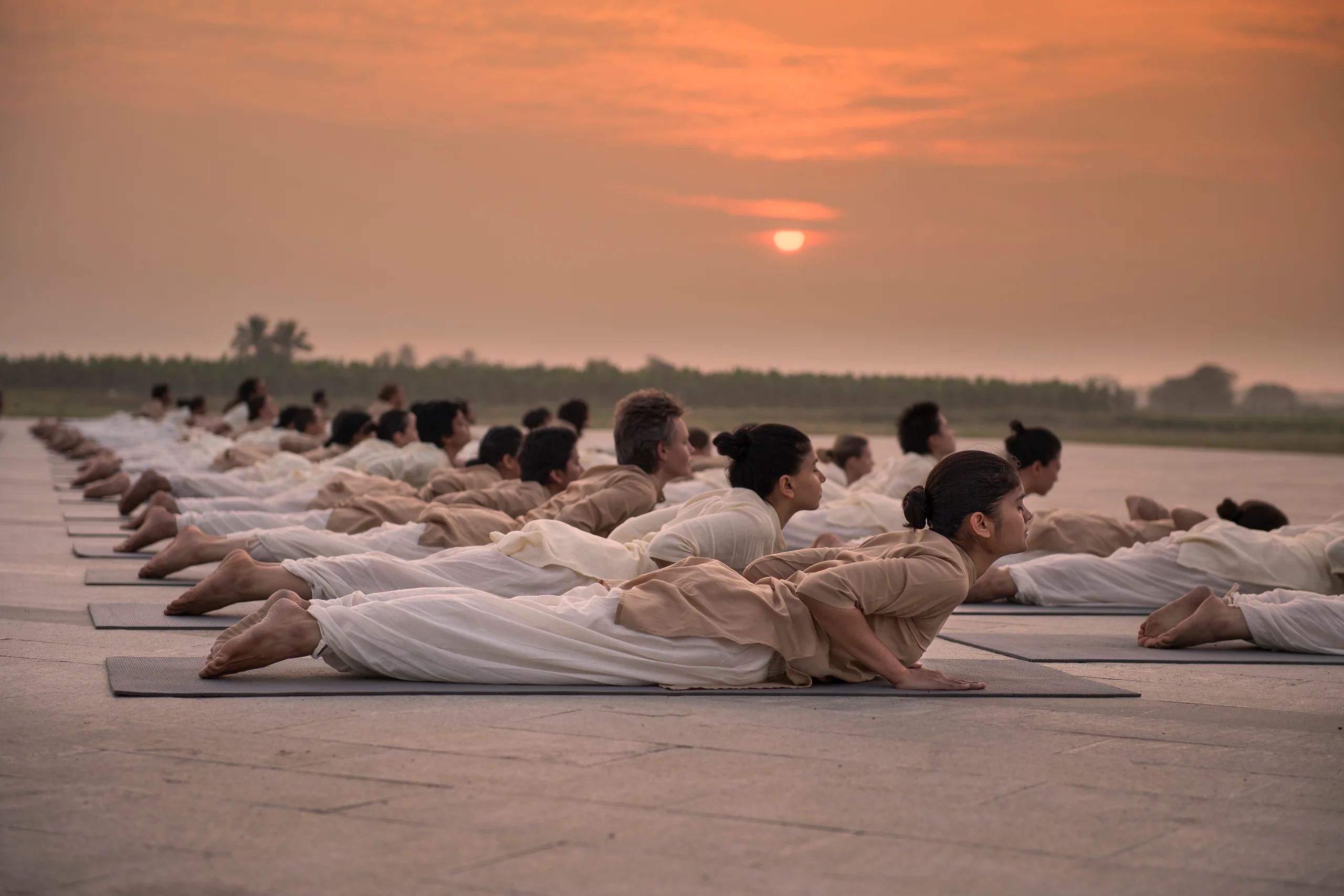 Rows of practitioners hold a posture together at sunrise, facing an open horizon.