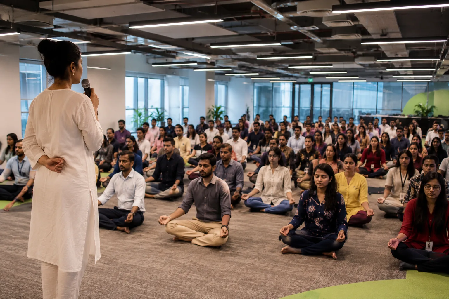 A teacher leads a large group of office employees seated in meditation in an open-plan workplace.