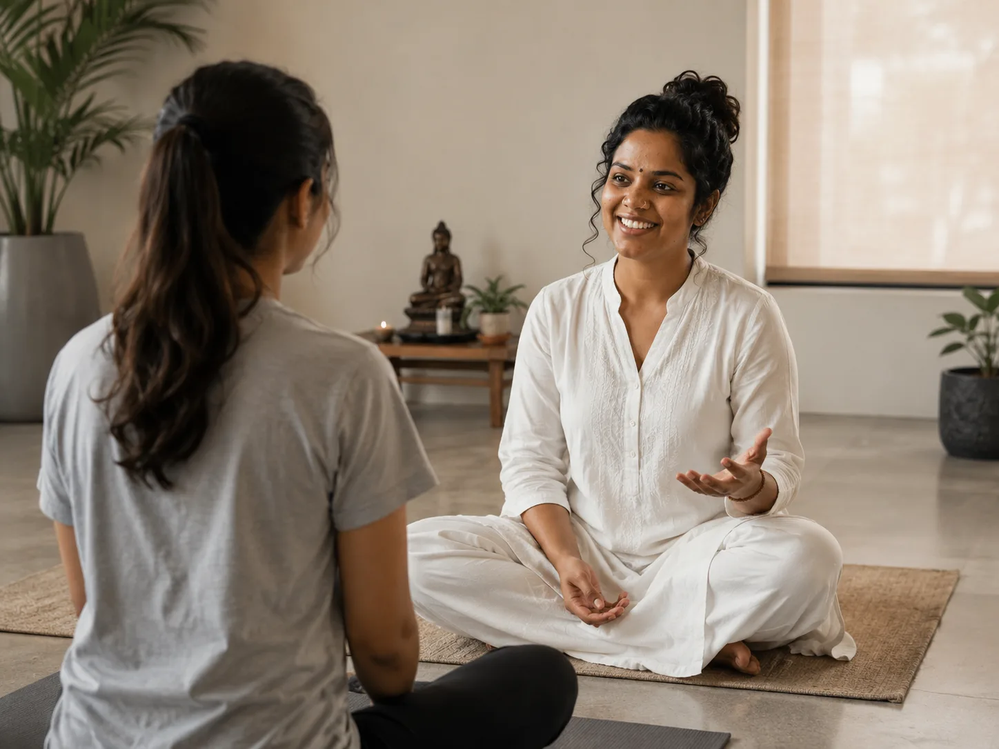 A teacher in white gives warm one-to-one guidance to a student in a calm studio.