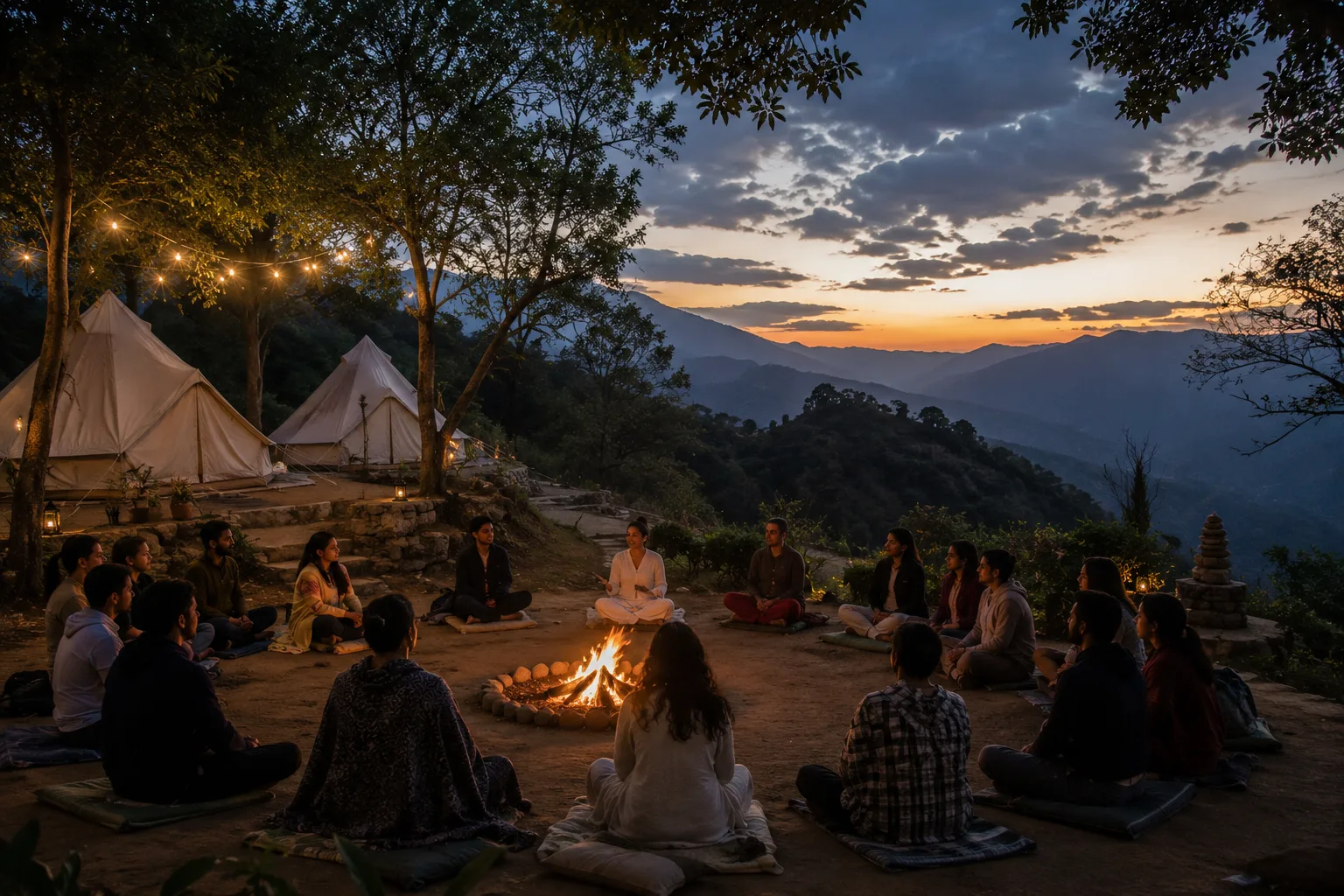 A group seated in a circle around a fire at dusk, mountains beyond, on retreat.